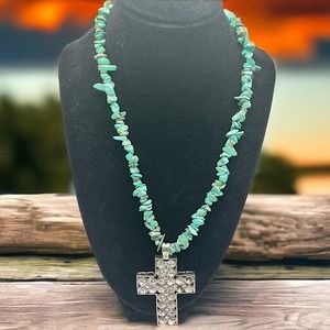 Crystal Avenue Beaded Light Green Stones Rhinestone Cross 21 3/8 Inch Necklace!